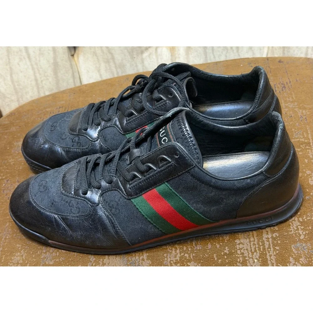 Gucci Mens 231715 GG Supreme Web Stripe Black Leather Low Top Sneakers 9.5 G